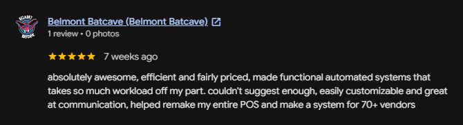 Belmont Batcave's 5 star Google review of PileUp Digital