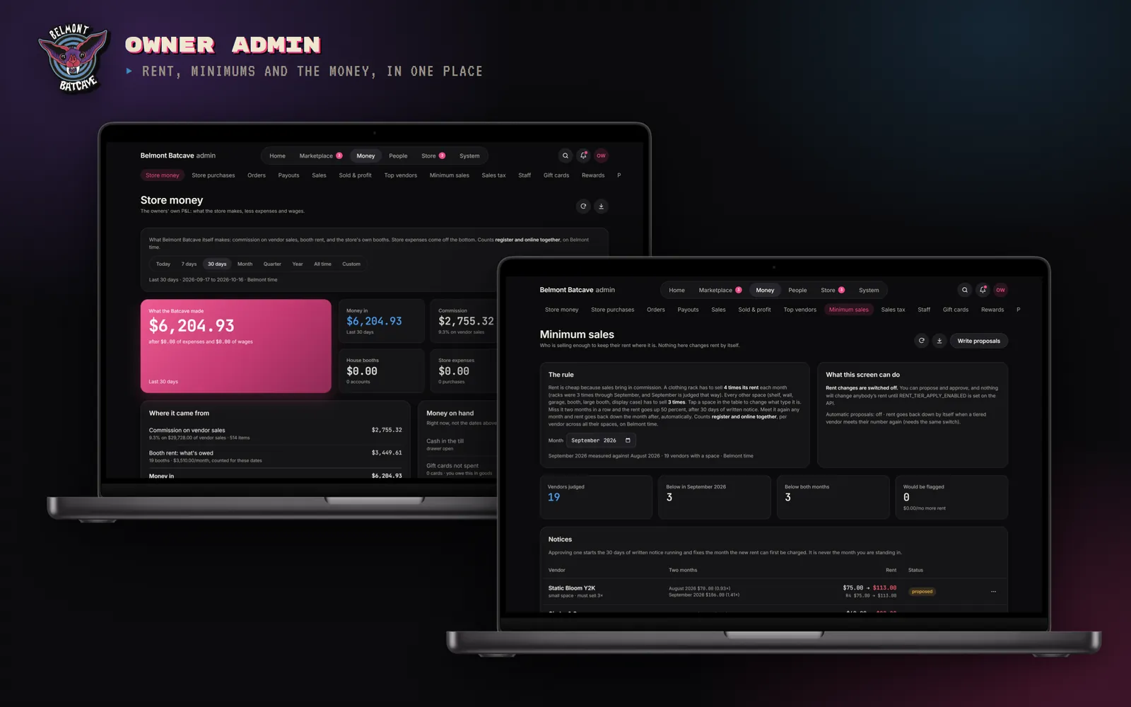 The owner admin on two MacBooks: the store money report with commission and booth rent, and the minimum sales screen.