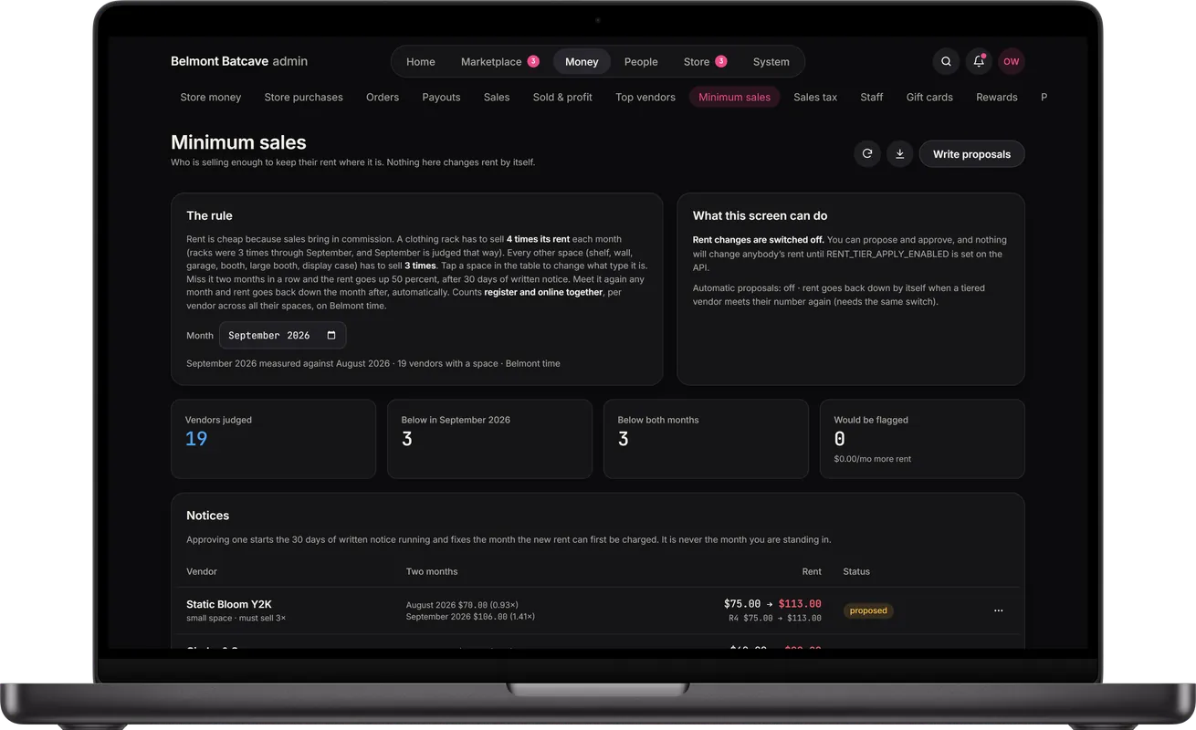 The owner admin minimum sales screen: the rent rule, how many vendors it applies to and proposed rent changes.