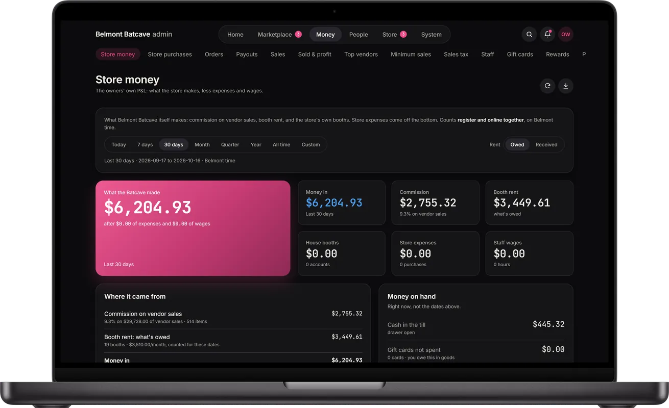 The owner admin store money report: what the store made, commission on vendor sales and booth rent.