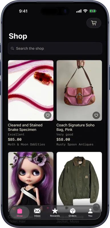 The customer app on an iPhone: the shop grid of listings with photos and prices.