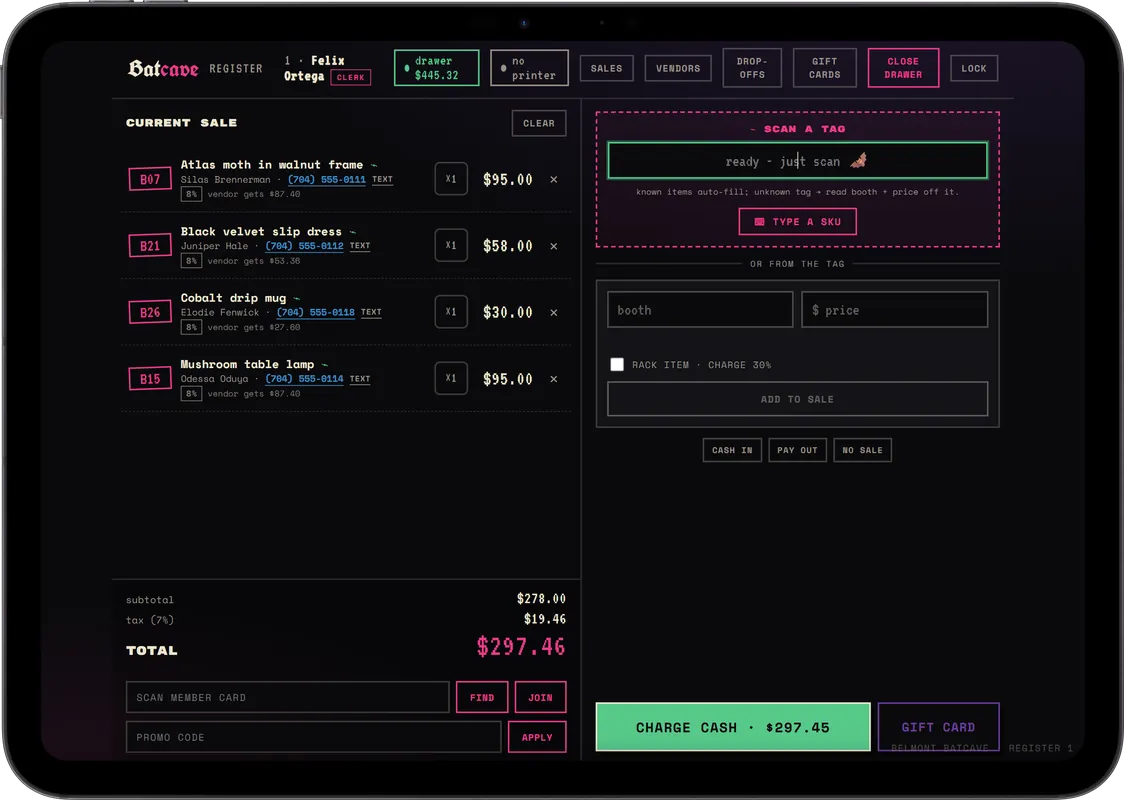 The register on an iPad: a sale in progress with four items from four booths, tax and a $297.46 total.