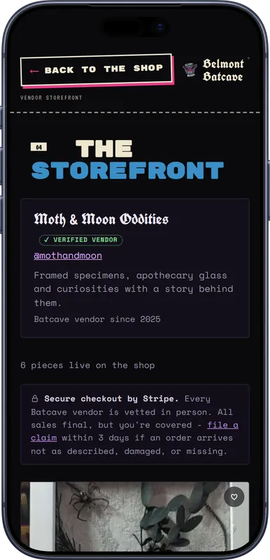 A vendor storefront on the online shop, on a phone: Moth and Moon Oddities with its description and listings.