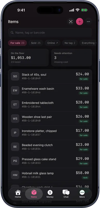 The vendor app items list on an iPhone, with filter chips, prices and the total floor value.